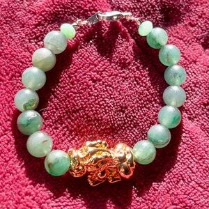 Jade Green w.Filled Gold 🐉 Pendant Beaded Bracelet✨